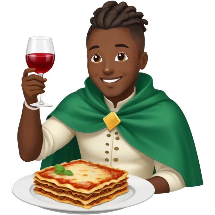  High fade widows peak ponytail dreadlock male black hair dark skin smiling and nigerian cape lasagna and wine while flying through the air emoji