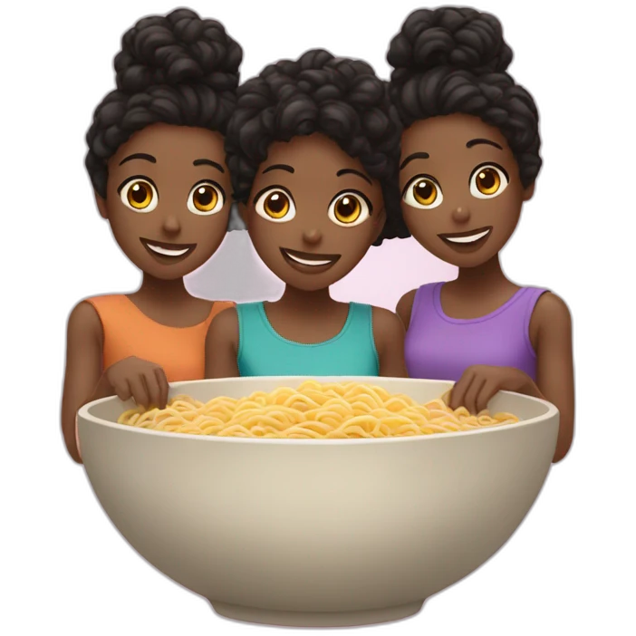 Three black girls sharing a bowl of noodles emoji