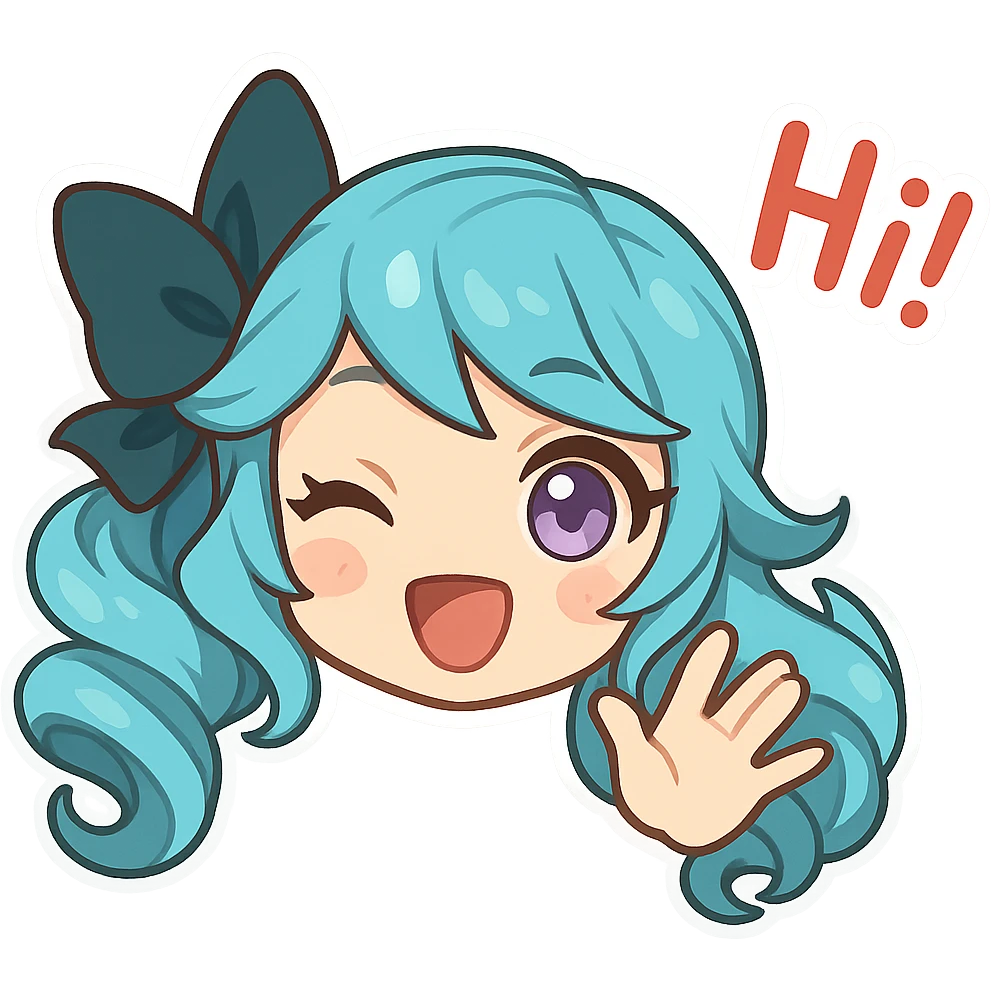 Gwen from League of Legends, chibi emote style, only head and hand visible, right eye purple, high-energy 'hi!' expression, cute and expressive emoji