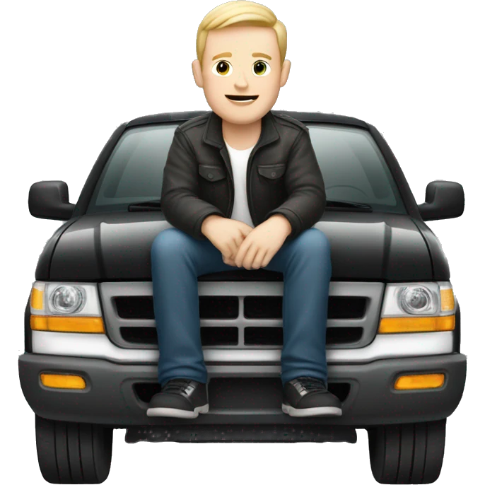 A man with pale skin sitting on top of a black Ford car emoji