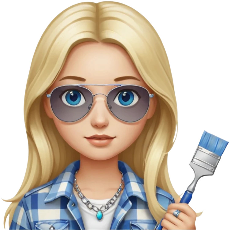 girl with long blond hair, wearing plaid shirt with blue eyes and aviator sunglasses wearing a ring on her silver necklace, holding a paint brush emoji