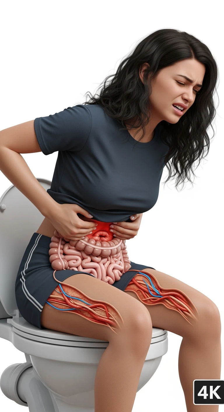 DONNA CON MAL DI PANCIA SEDUTA SUL WC MENTRE SI SFORZA, INTESTINO UMANO ANATOMICO IN EVIDENZA, IPERREALISTICA 4K, SFONDO BIANCO emoji