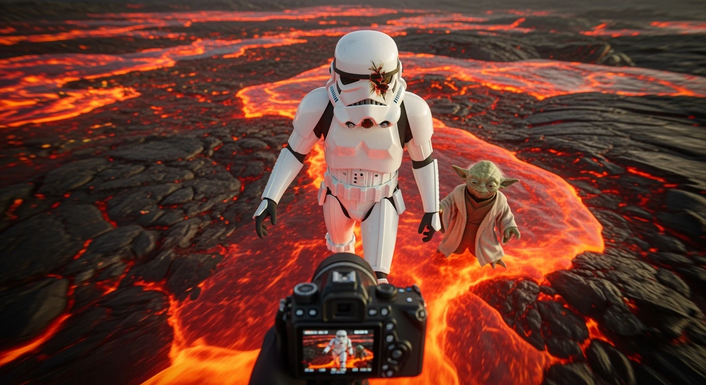 Camera POV, Starwars stormtroopers vlogging holding camera, he is walking on lava planet with yoda emoji
