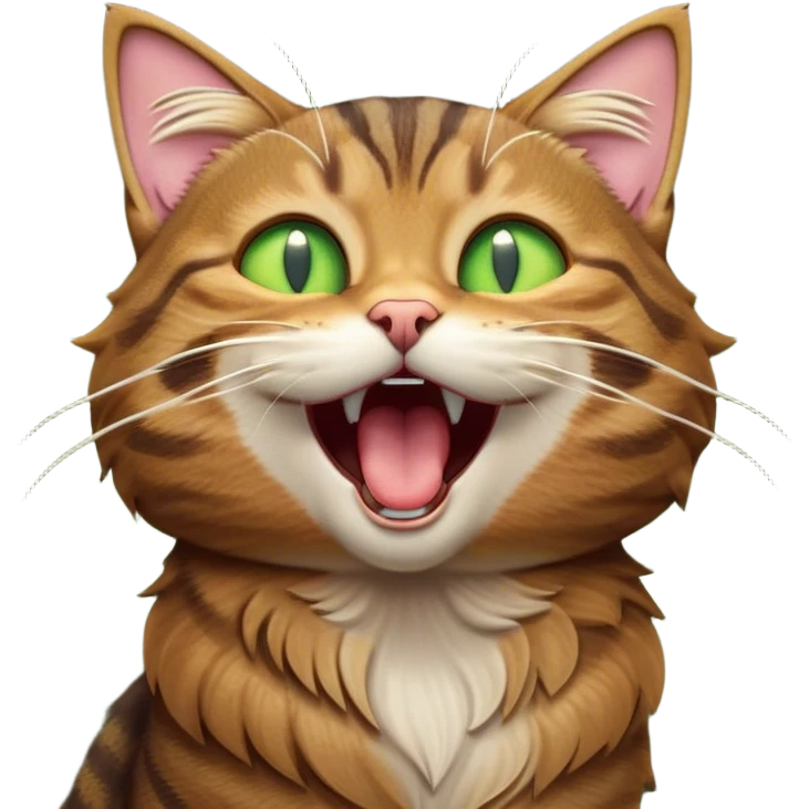 Cinematic Cute Yawning Brown Tabby Cat Portrait Emoji, Head tilted slightly with a dramatic, wide-open yawn, soft brown fur with bold tabby markings, long whiskers stretching forward, golden-green eyes barely open in drowsy contentment, Simplified yet irresistibly adorable features, highly detailed, glowing with a soft, cozy glow, high shine, relaxed yet expressive, stylized with a touch of whimsy, bright and endearing, soft glowing outline, capturing the essence of a sleepy yet affectionate kitty, so drowsy it feels like it could stretch right out of the screen and curl up for a nap! emoji