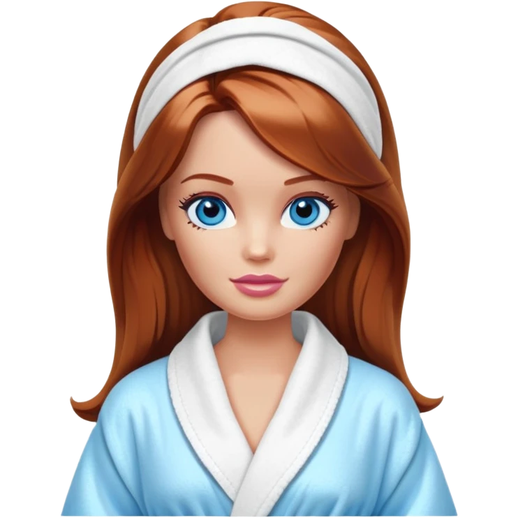 Barbie's face eyes blue with shoulder-length reddish-brown hair, makeup, cream smeared on her face , in a bathrobe with emoji