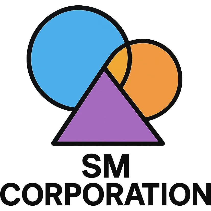 Add a simple, modern icon or symbol next to the text 'SM CORPRATION' to enhance the business brand feel. Keep the look bold and friendly, with no background. emoji