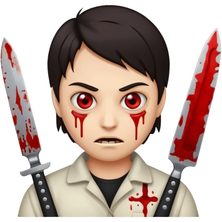 RED EYES, EVIL EMOJI, KILLER EYES, DARK HAIR, BLOODY EYES, 1 KNIFE IS IN THE HAND emoji