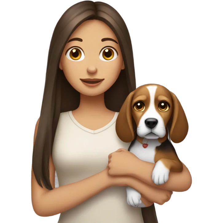 a brunette girl with long straight hair and a beagle puppy emoji