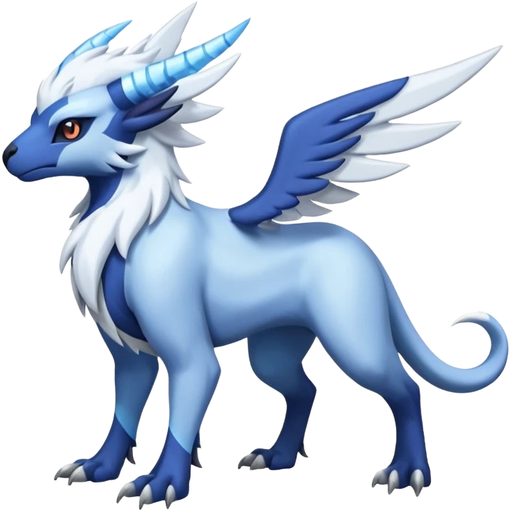 Icy Arctic Frost-Blue Pale-Shimmering Snow-Dusted Majestic Absol-Nargacuga-Latias-fusion-creature (full body) emoji