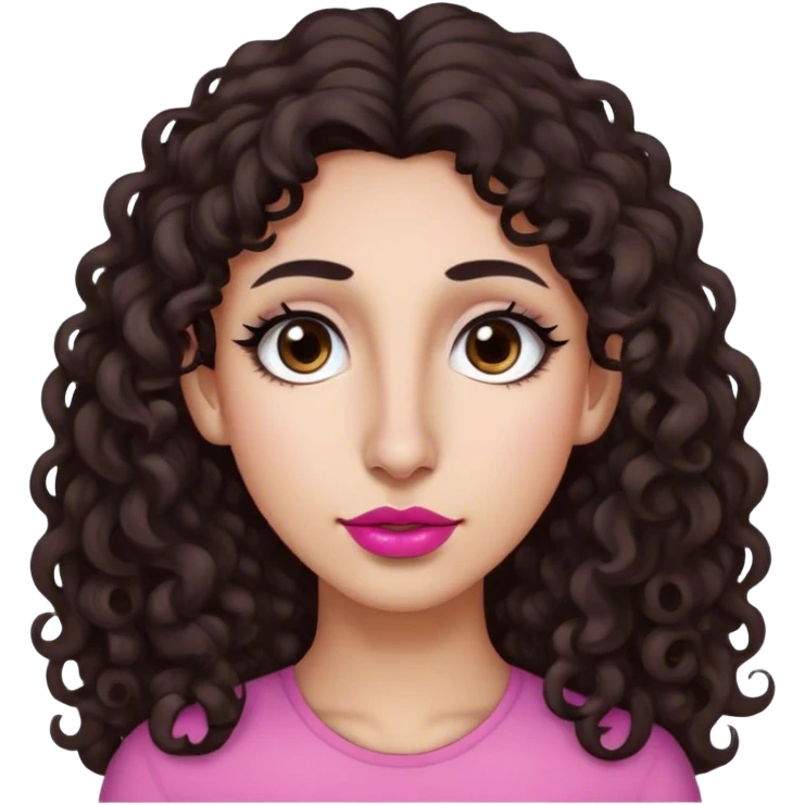 Long dark brown curly hair, long nose, long chin, long face, small dark brown eyes, dark far eyebrows, light medium skin tone, small pink lips emoji