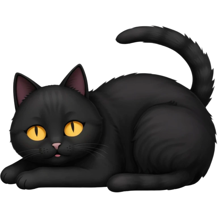 Black cat laying down with eyes closed and the text 'purr' above its head emoji
