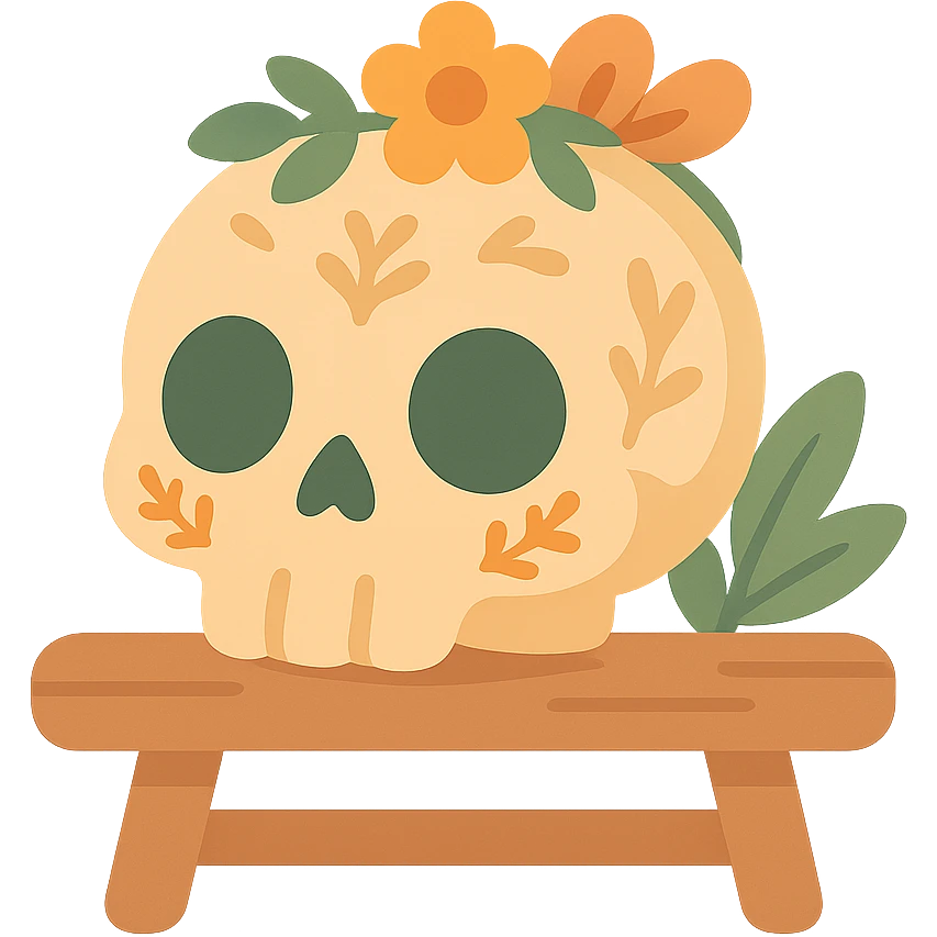 "A cute, whimsical skull resting gently on a wooden table, styled with a warm and soft color palette: golden orange (FA9B41), deep forest green (4A7C5C), muted taupe brown (96775A), and pastel peach (FFCC9A). The skull has rounded, friendly features and big, expressive eye sockets, giving it a sweet and non-threatening appearance. It is decorated with small floral or leafy patterns, and perhaps a tiny flower crown or ribbon in peach or green tones. The wooden table has a rustic charm, and the lighting is warm and magical, with gentle shadows and a cozy, storybook-like atmosphere. The overall scene feels enchanting, calm, and charming emoji