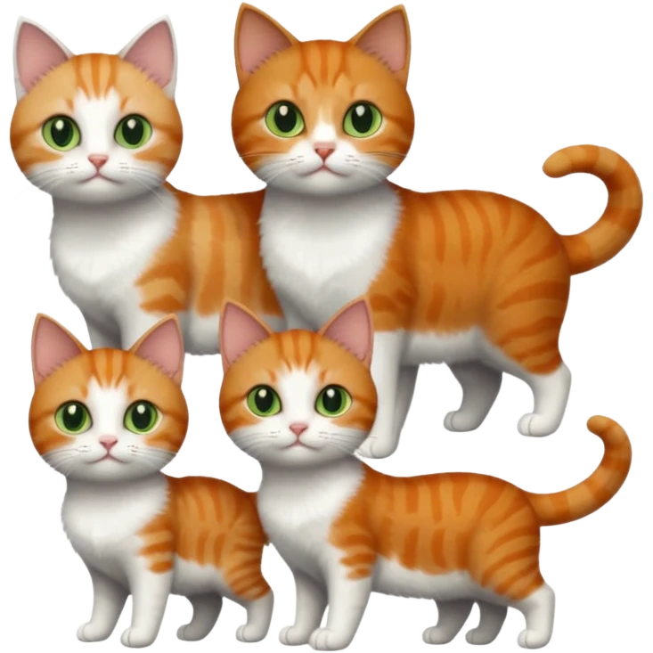 full body of 3 tiny short hair cats including a dark grey and white cat with green eyes, a ginger and white with orange eyes and a brown tabby and white with hazel eyes emoji