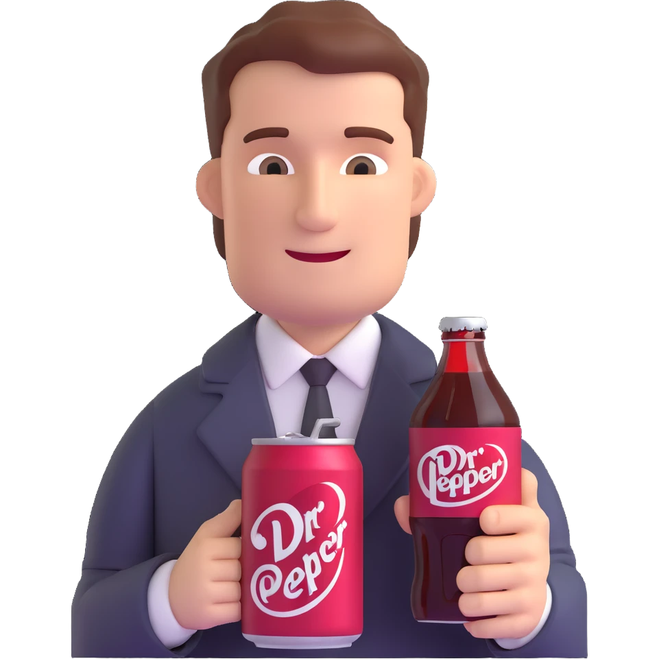 Charles Alderton holding a Dr Pepper emoji