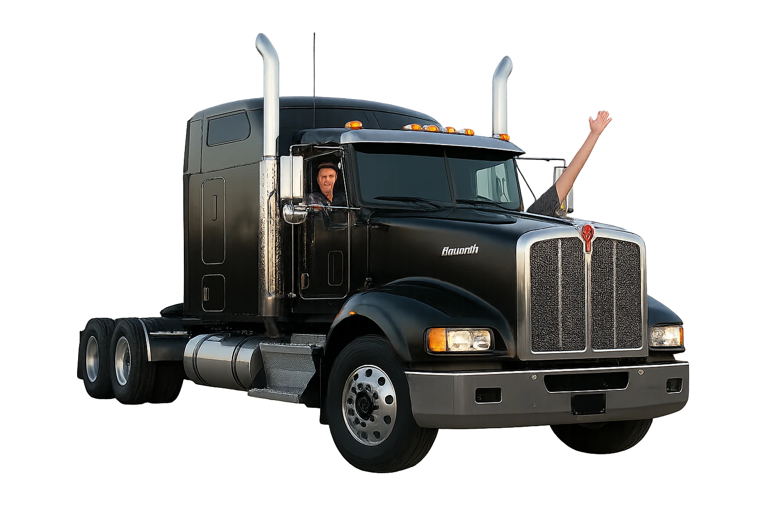 Edit the image of the black Kenworth W680 sleeper semi with chrome stacks to show only one person on the driver's side, hanging out of the window with one arm up. Make the style realistic and keep the background transparent. emoji