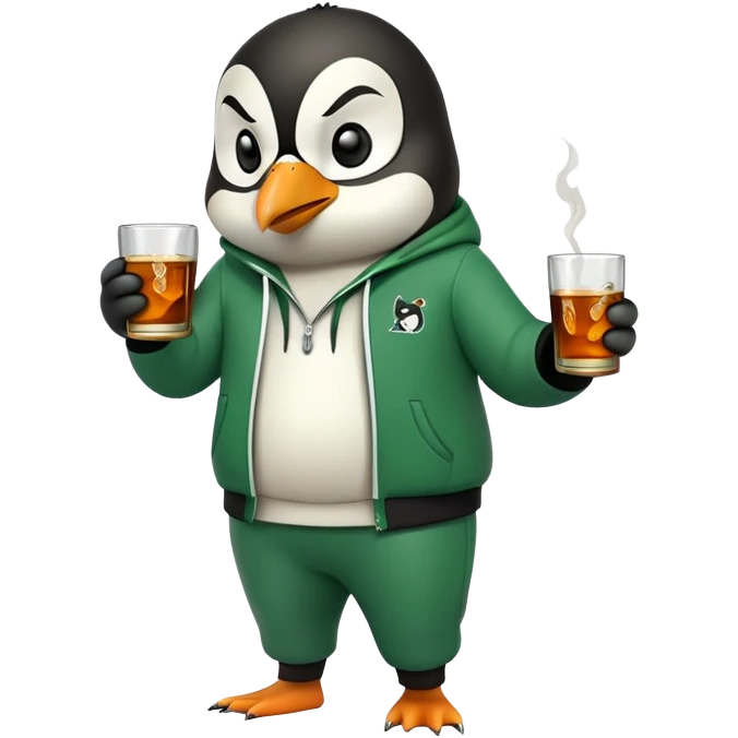 full body friendly anthropomorphised penguin wearing green mafia-style tracksuit, angry intense brooding posture, holding glass of whiskey emoji