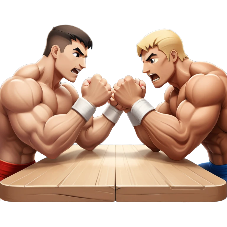 Two strong competitors locked in an intense arm wrestling match, muscles tensed as they battle for victory. The table is well-lit, showcasing their focused expressions and powerful arm grips. The background features a competitive arena with a cheering crowd. Transparent background. emoji