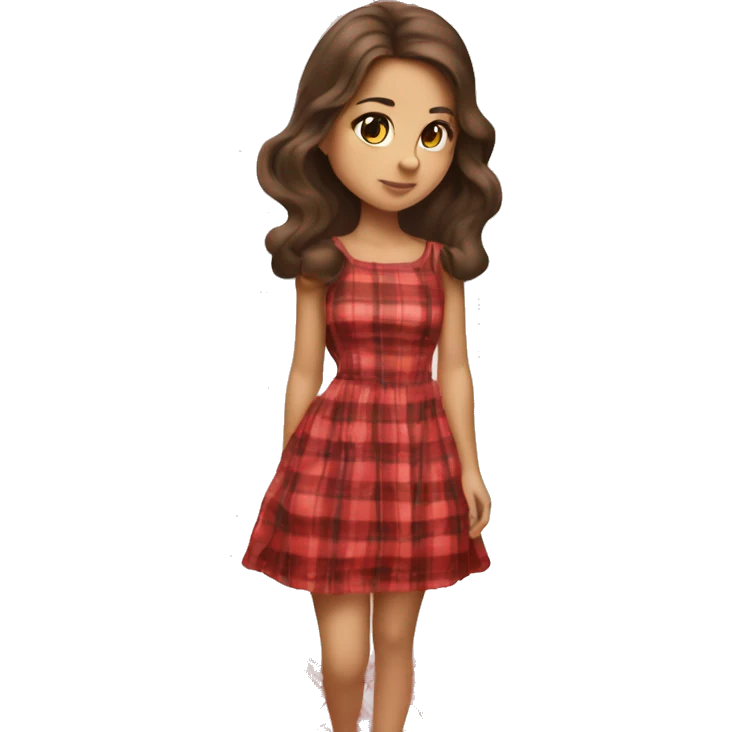 Pretty peach skin brunette woman with long flowing hair and red rosy cheeks in red plaid babydoll dress emoji