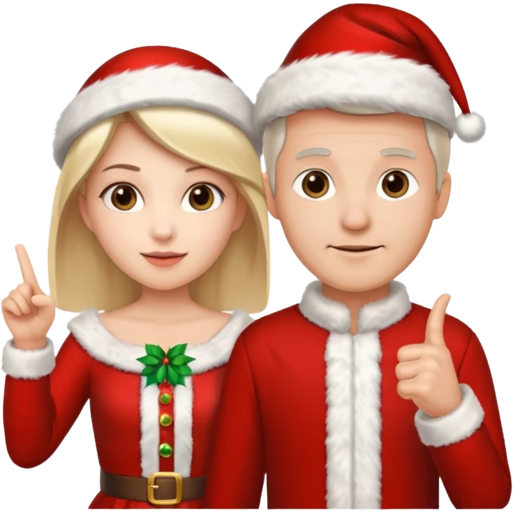 Adult couple wearing Xmas outfit pointing at you emoji