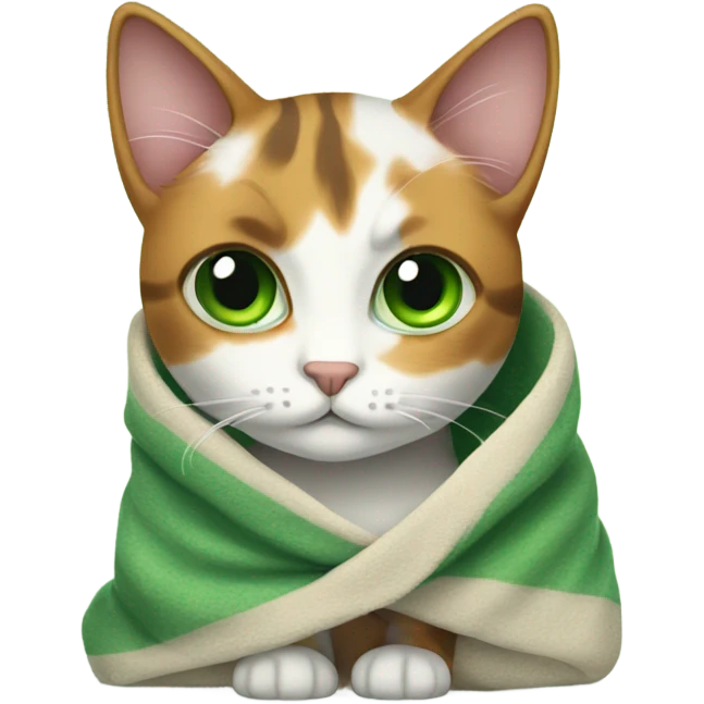 Calico cat with green eyes wrapped in a blanket emoji