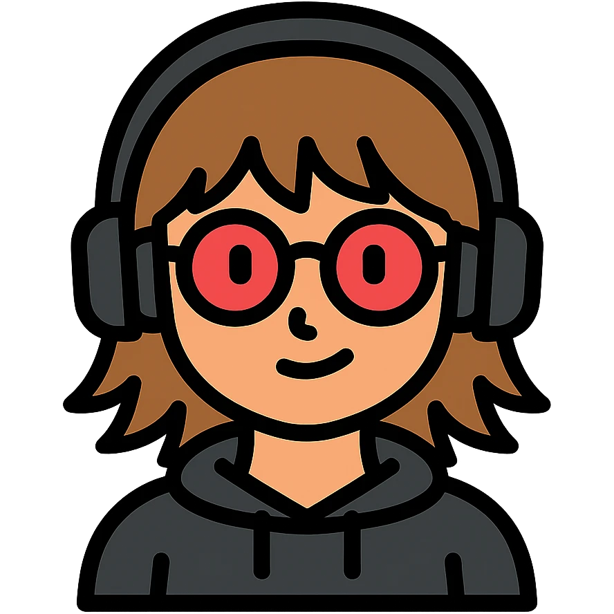 tan brunette girl with a short wolf haircut, round ruby glasses, black headphones, and a black hoodie emoji