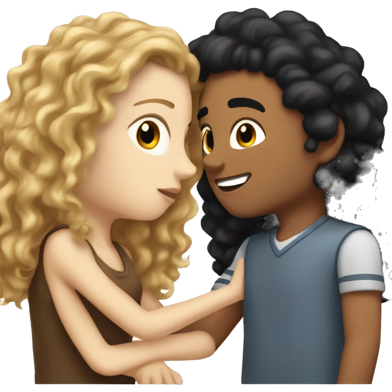 white boy with curly brown hair kissing white girl with straoght black hair emoji