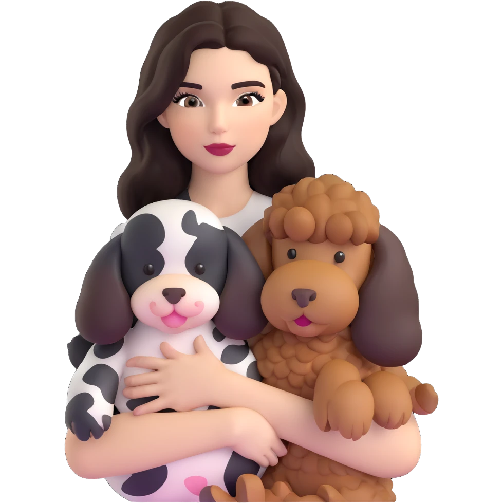 Kendall Jenner with long dark hair holding a brown poodle and a cow cat in her arms emoji