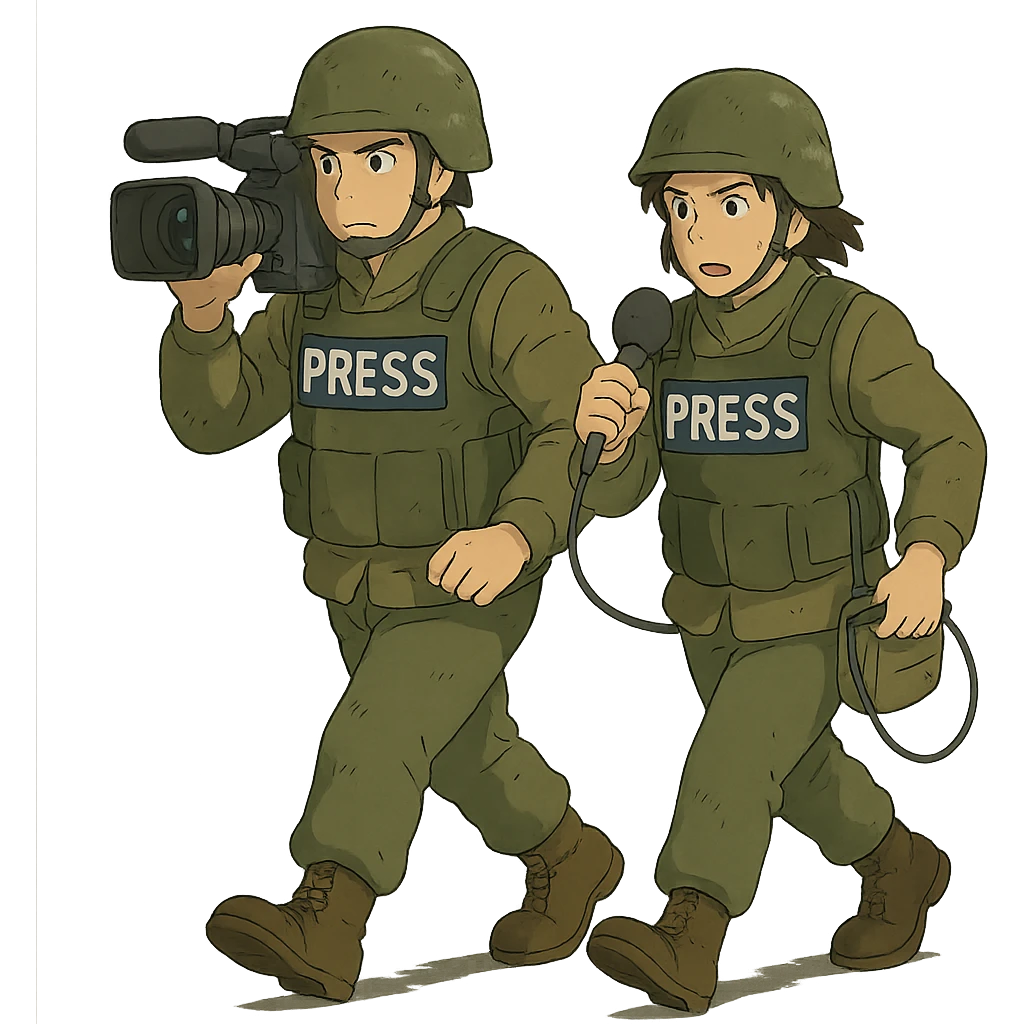  walking from left to right across frame: a cameraman, and a microphone operator, ONLY two people, war correspondents, tense moment emoji