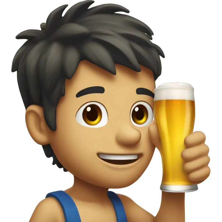 Boy with dark hair drinking an ice cold weizen beer on the beach of lloret de mar emoji