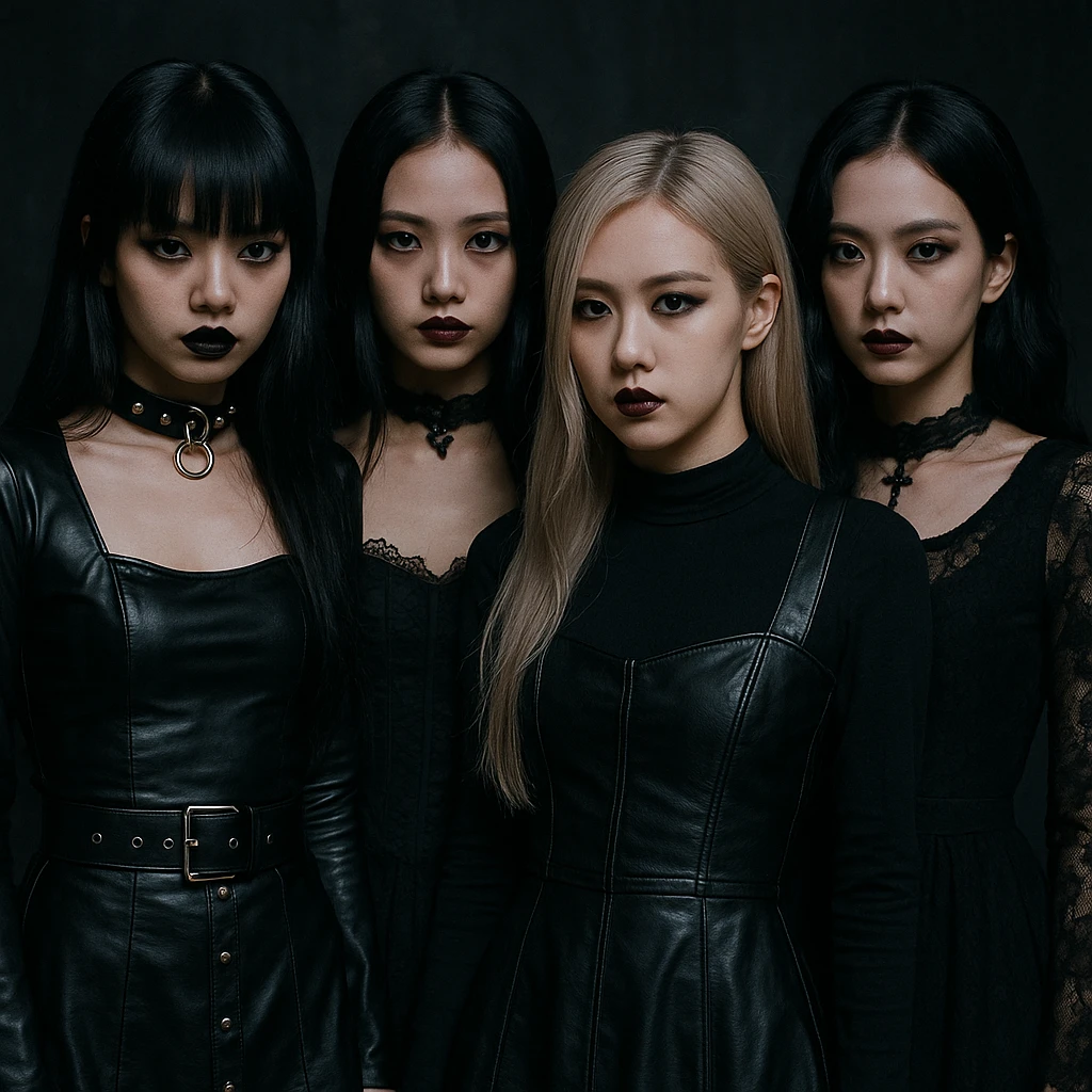 Blackpink members in goth style, dark fashion, dramatic makeup, moody atmosphere, detailed, stylish, dark aesthetic emoji