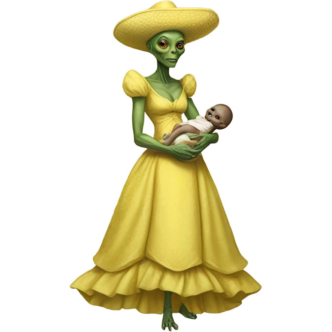  Reptilian alien woman, full body, in victorian jellow elegant dress, holds a newborn humman baby emoji