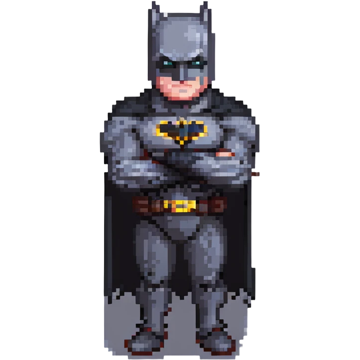 Batman in pixel art style, standing with arms crossed, classic gray and black suit emoji