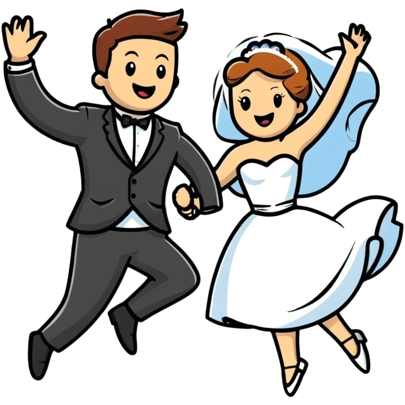 Comedic character in inappropriate outfit disrupting a wedding, jumping between bride and groom emoji