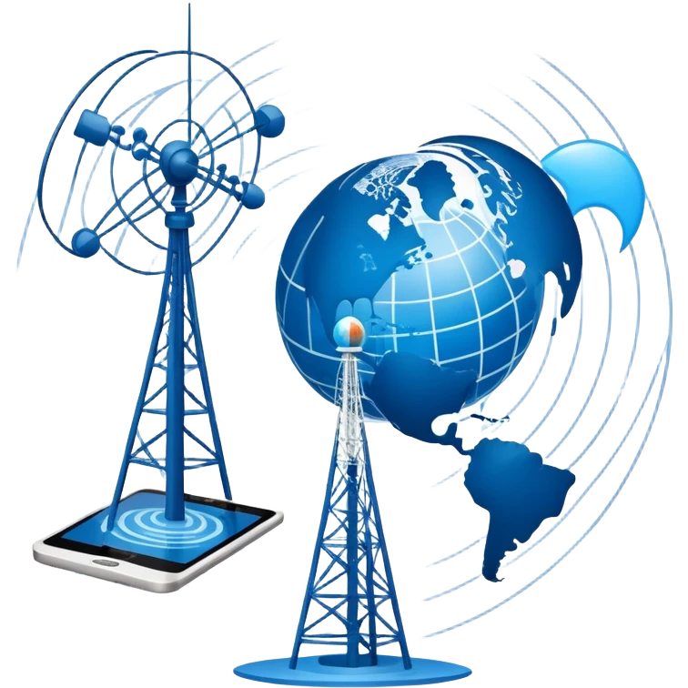 An icon featuring a satellite dish, cell tower with signal waves, and a globe connected by lines, symbolizing telecommunications. The design includes data signals, network nodes, and a mobile device, representing global digital communication. Transparent background emoji