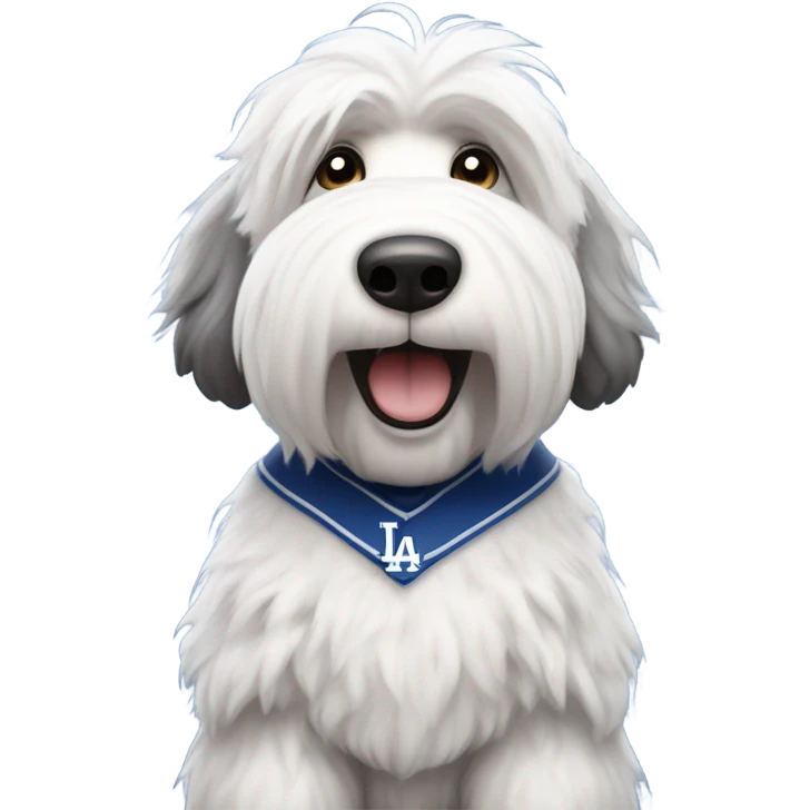 Old English Sheepdog full height wearing a Los Angeles dodgers baseball jersey emoji