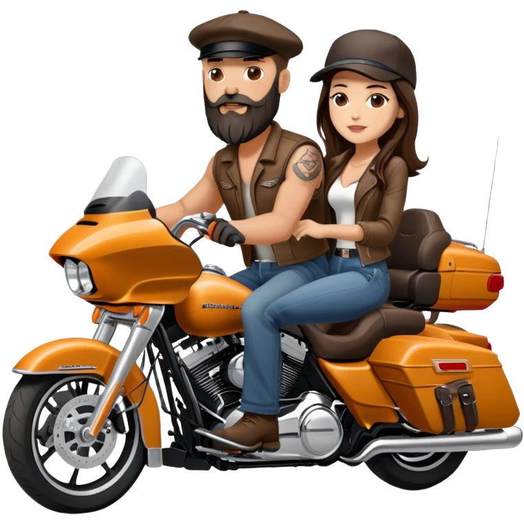 Harley Davidson road glide bearded bald man backward hat  with brunette girl  pillion emoji