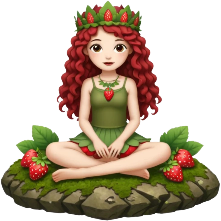 full body woman long curly brown hair brown eyes white skin tattoos sitting on moss rock wearing strawberry crown and short petal skirt emoji