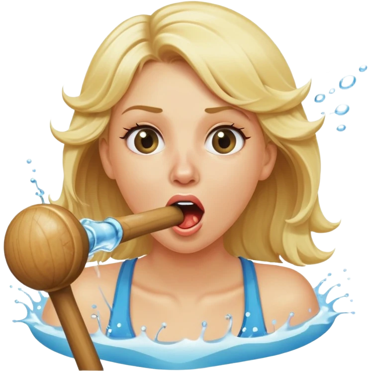 blond woman biting a wide stick with a round knob, both the same color as her skin, water jet shooting from the knob into her mouth, surprised look emoji