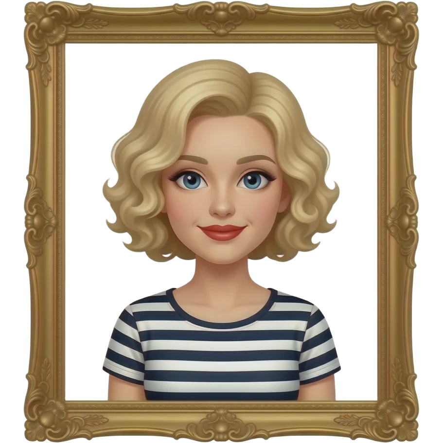 short blonde tight curly hair bob inside an antique frame in red lipstick and black and white striped boat blouse emoji