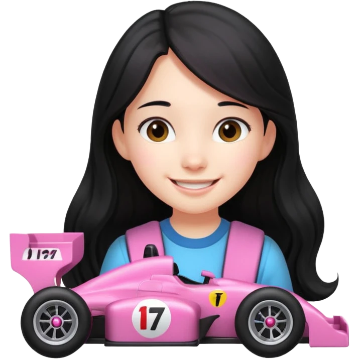 long black haired girl kid playing pink colored formula 1 car toy emoji