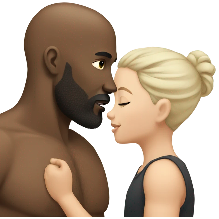 White brunette kissing muscular black bald man with beard emoji