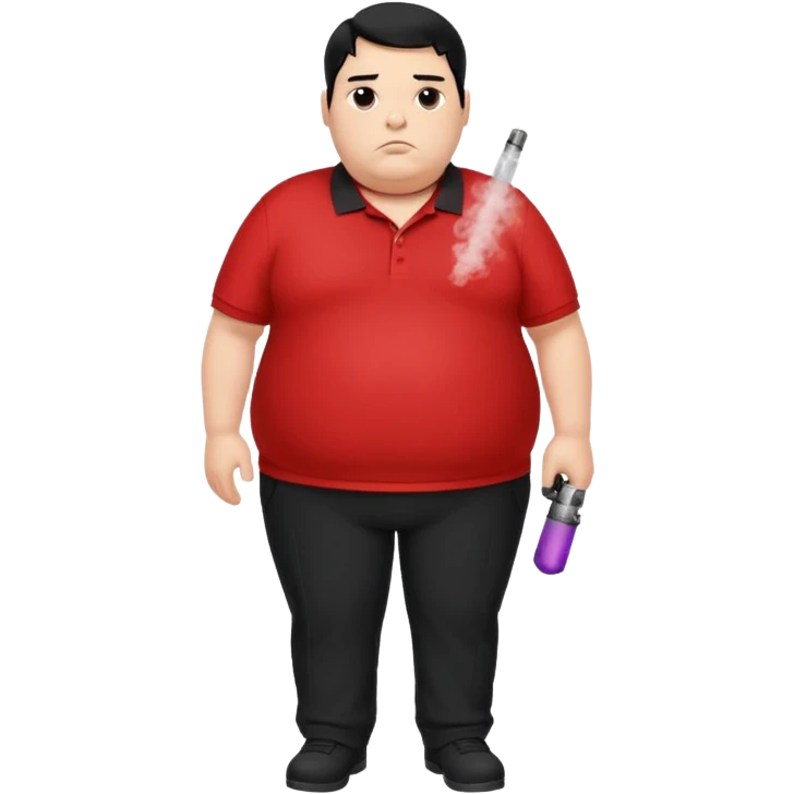 Morbidly obese white man with black hair in red polo with black pants vaping emoji
