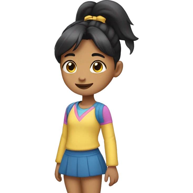 A 7-year-old girl with black hair in a ponytail, wearing yellow, pink, and blue clothes emoji