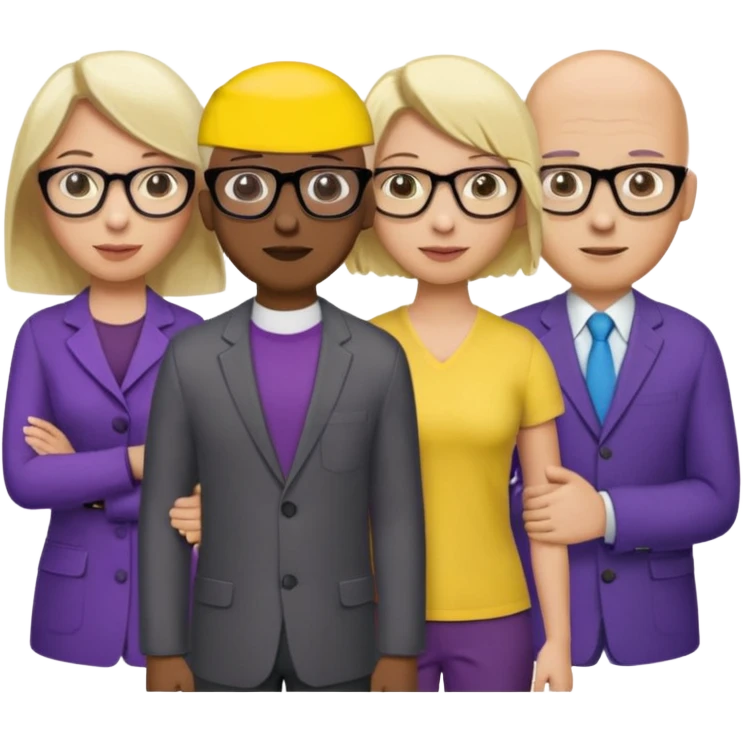 5 person team; 2 men and 3 women.  All dressed in yellow or purple.  Women have blonde and ash blonde hair.  1 man is black and bald, 1 man is caucasian and very little hair left.  All have glasses emoji