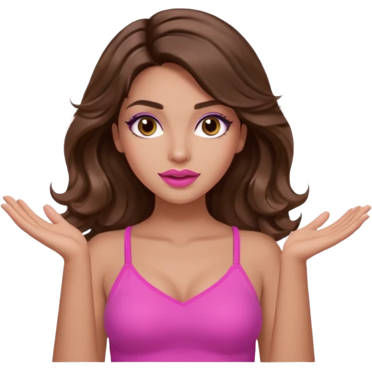 girl with long wavy brown hair, brown eyes, long lashes makeup, sexy pink lips, light to medium complexion, pink sexy top, two hands up shrugging emoji