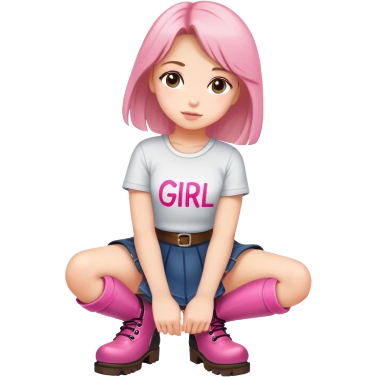  top and skirt with pink inscription “girl”  squatting in boots emoji