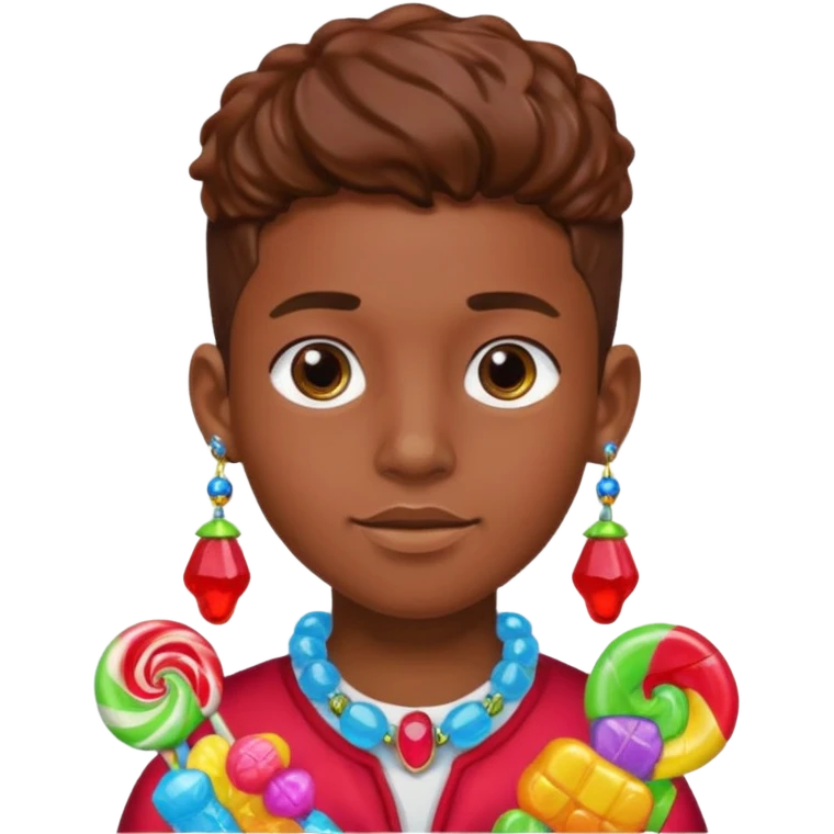 boy with a lot of accessories and earrings made out of candy emoji