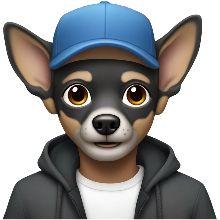 blue eyed man, with grey hair,  grey goatee, wearing ball cap, holding long hair black chihuahua emoji