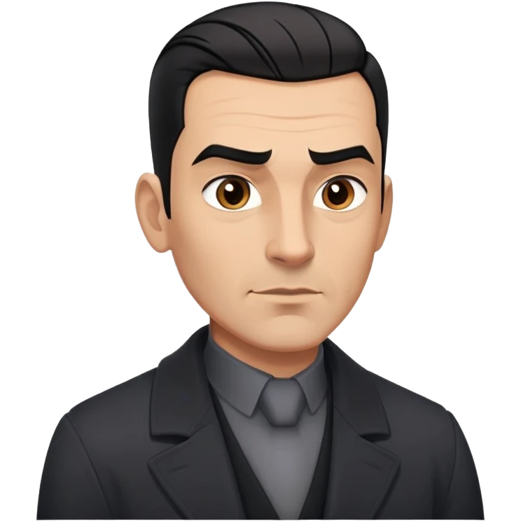 Robust athletic man in his 40s with light brown skin tone, short slicked back straight black hair with fade haircut, strong square face, thick eyebrows, wide nose, black overcoat with buttoned gray shirt visible underneath emoji