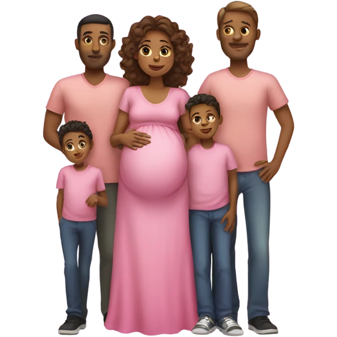 family with pregnant mom with a pink dress and 2 boys and dad emoji